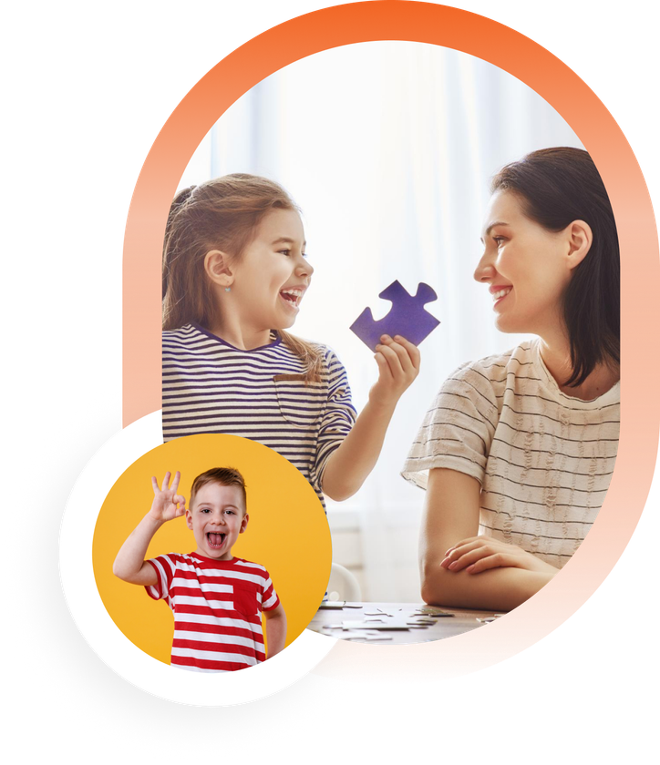Illustration of an ABA therapist and a child, with another child holding a teddy bear